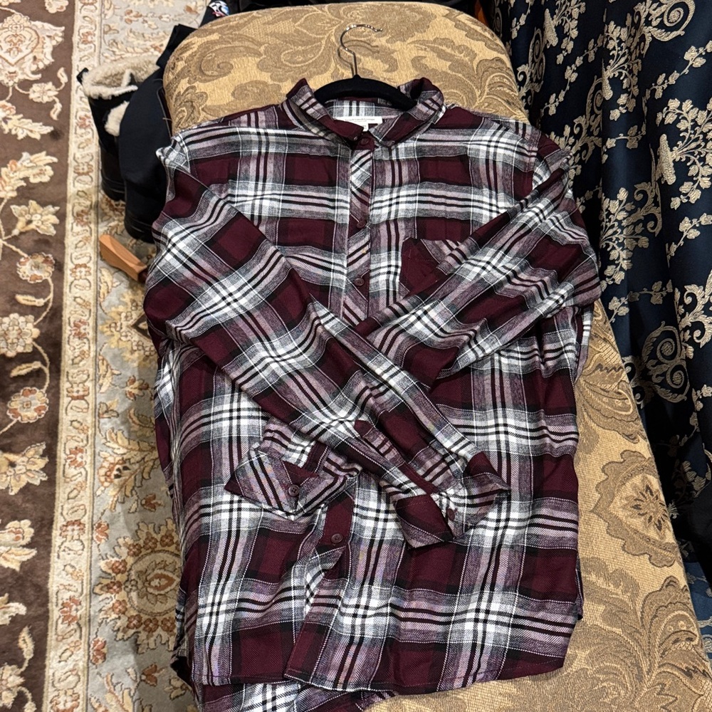 beachlunchlounge Burgundy and White Plaid Shirt